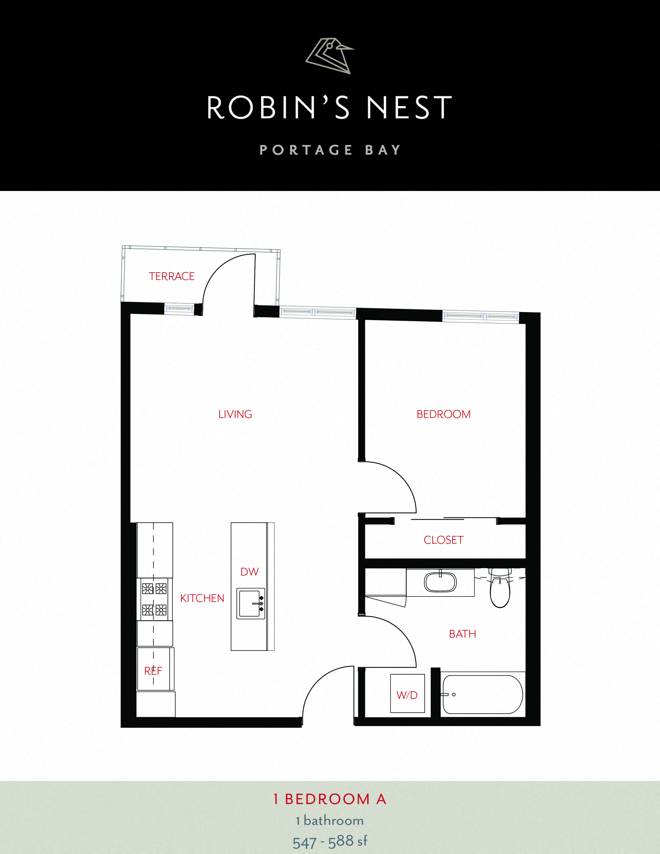 Floor plan for 1 bed, 1 bath, 571 sqft